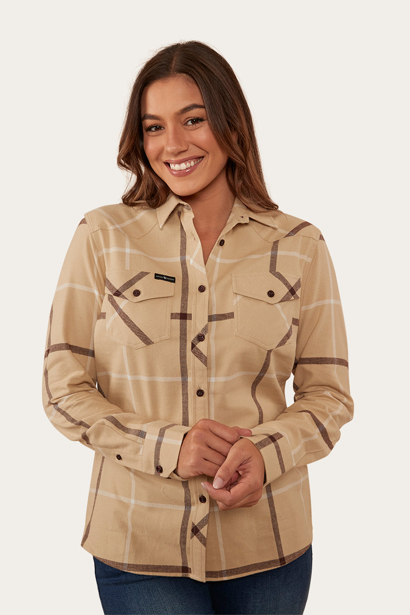 Junee Womens Flanno Semi Fitted Shirt - Dark Sand/Chocolate