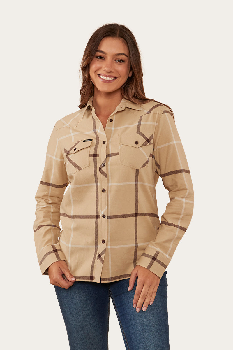 Junee Womens Flanno Semi Fitted Shirt - Dark Sand/Chocolate