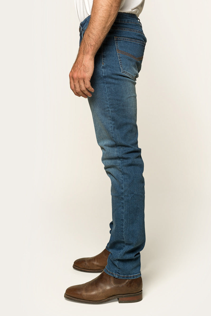 Burke Mens Tapered Slim Leg Jeans - Mid Blue